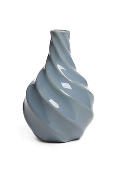 Close-up shot of a gray faceted ceramic vase. A small empty vase with a short narrow neck is isolated on a white background. Front view.