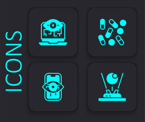 Set Hologram, Computer vision, Medical pill biohacking and icon. Black square button. Vector