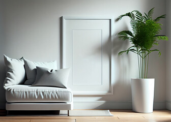 Portrait empty frame mockup with modern ceramic vase, dry grass in sunlight. Scandinavian interior, home design. AI Generated