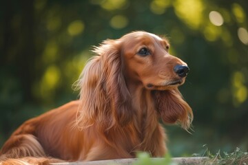 Picture of a stunning long haired thoroughbred dachshund taken in a summertime park. Generative AI