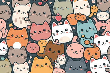 Pattern of cute cat, cartoon style, generative AI