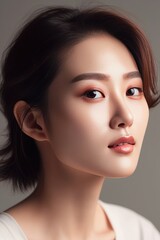 Fototapeta premium Fashion portrait of young beautiful glowing skin Asian woman model, skin care, emphasizing the natural beauty and radiance of healthy skin, AI generated