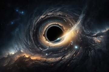 Black hole, massive and mysterious void in space, surrounded by swirling gas and dust in galaxy, generative AI