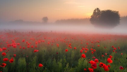 Fototapeta na wymiar Misty Morning on a Red Poppy Seed Flowers Field Generative AI