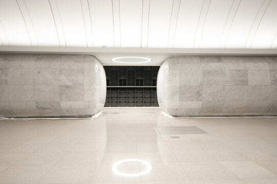 Moscow, Russia - March 29, 2023: Interior of the  Maryina Roshcha station of Moscow Metro of Big Circle Line (BKL)