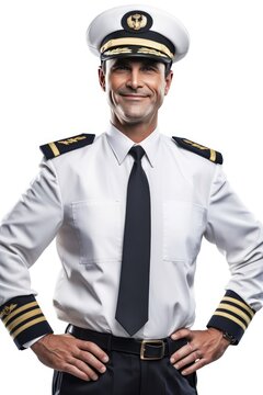 Handsome and positive male pilot smiling. isolated on white background, generative AI