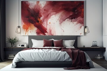 Wall art in an elegant bedroom with a king size bed is abstract and white and burgundy. Generative AI