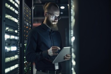Fototapeta premium Portrait of man working with server cabinet in data center and using tablet generative AI