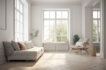modern living room with a white sofa and large windows. Generative AI