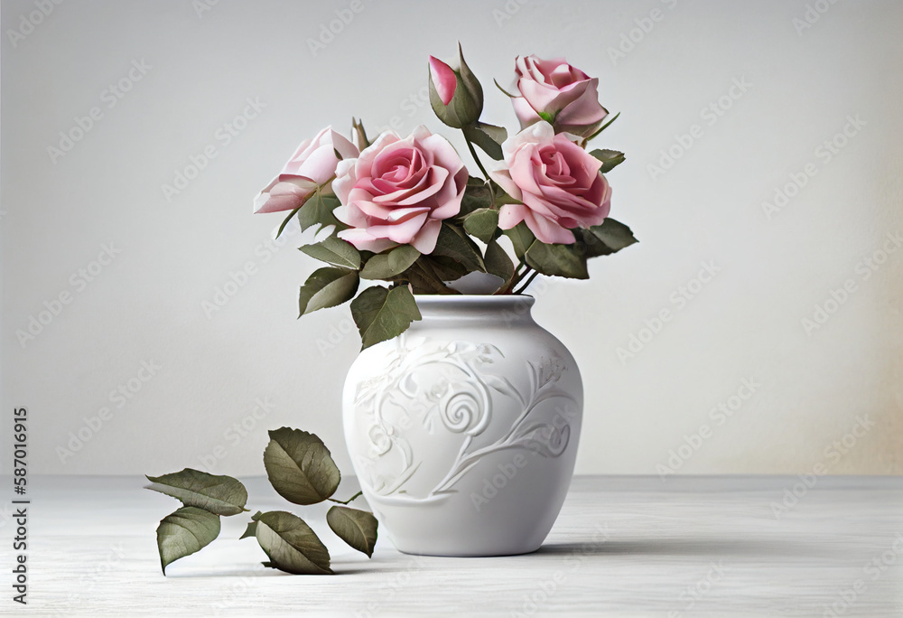 Wall mural Beautiful flowers, pink roses. Roses in vase on shelf against white wall. AI Generated