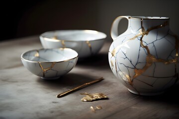Kintsugi Japanese Gold Repaired Porcelain Bowl digital render