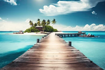 Fotobehang view of a jetty in the caribbean that leads to a beautiful island. clean clear water. beach vacation concept in summer. Generative AI © jr-art