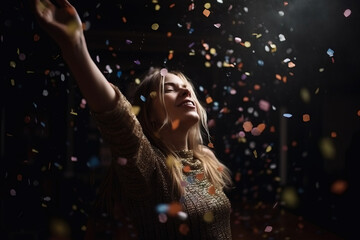 Celebrating happiness, young woman dancing with big smile throwing confetti. Party, holidays and birthday concept. Generative AI