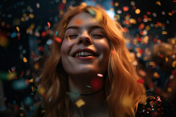 Celebrating happiness, young woman dancing with big smile throwing confetti. Party, holidays and birthday concept. Generative AI