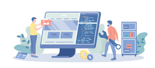 Web Development Coding Programming responsive layout internet site or app of devices. Project engineer creating script, programming software. Vector illustration with character situation for web