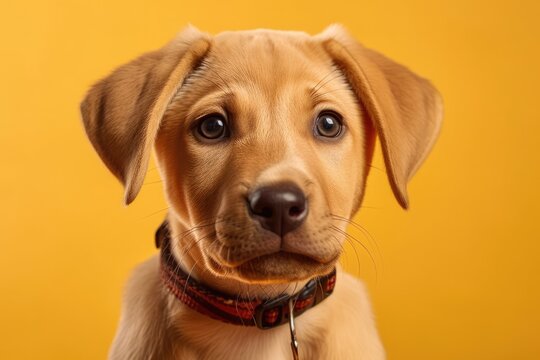 In the studio, a mixed breed puppy is photographed against a yellow background. Generative AI