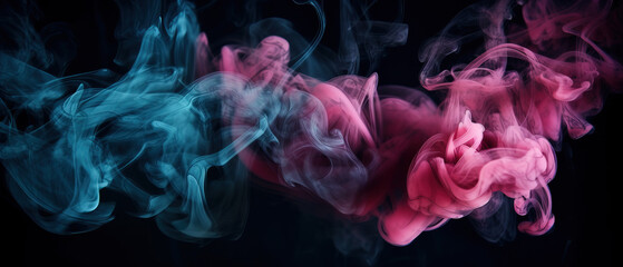 Fototapeta premium abstract horror neon pink smoke cloud, grunge texture, dark black background, scary blue light poster design. Generative AI