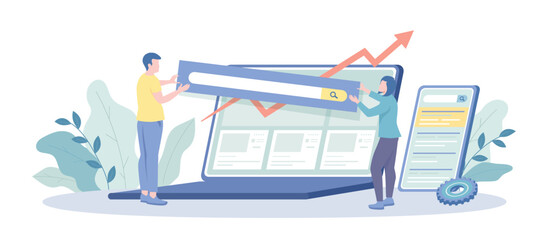 Search engine optimization, SEO marketing strategy, keyword ranking for website. Technical specialists work on optimization of SEO data. Vector illustration with character situation for web.