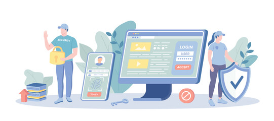Secure Transaction, Privacy Protection, Confidential, Secure Data, Guard. People protecting from hacker and internet data phishing attack, using cyber security technology. Vector illustration