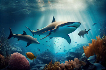 Animals of the underwater sea world. Ecosystem. Colorful tropical fish. Life in the coral reef. AI Generated