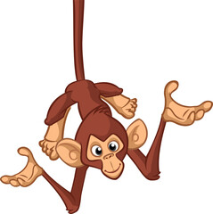 Cartoon monkey chimpanzee handing upside down on the tree branch. Vector illustration of happy monkey character