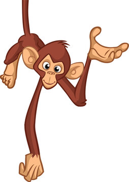 Cartoon monkey chimpanzee handing upside down on the tree branch. Vector illustration of happy monkey character
