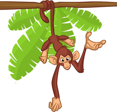 Cartoon monkey chimpanzee handing upside down on the tree branch. Vector illustration of happy monkey character