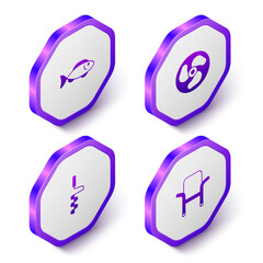 Set Isometric Fish, Outboard boat motor, Hand ice drill and Camping folding chair icon. Purple hexagon button. Vector