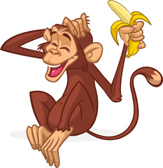 Cartoon monkey chimpanzee holding and eating banana. Vector illustration of happy monkey character design isolated