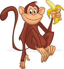 Cartoon monkey chimpanzee holding and eating banana. Vector illustration of happy monkey character design isolated