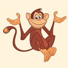 Cartoon monkey chimpanzee waving hands. Vector illustration of happy monkey character