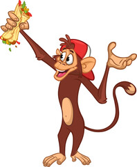 Cartoon funny monkey chimpanzee holding falafel or kebab in his hands. Vector illustration of happy monkey character design isolated