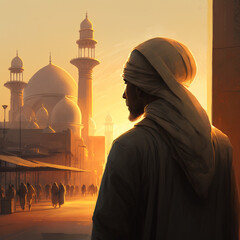 Arab with a mosque in the background. Generative AI.