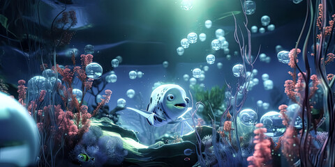 Obraz premium Subtle shades of blue ripple through the mysterious depths of the ocean, its strange and fascinating inhabitants drifting in a seemingly endless void. - generative ai