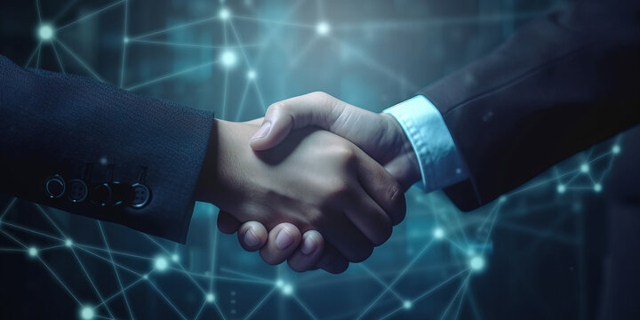Businessman handshake for teamwork of business merger and acquisition,successful negotiate, two businessman shake hand with partner to celebration partnership and business deal concept. Generative AI