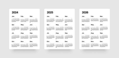 Annual calendar template for 2024, 2025, 2026 years. Week Starts on Sunday. Business calendar in a minimalist style.