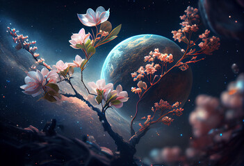 The beauty of moon cherished with Cherry Blossoms, AI Generated