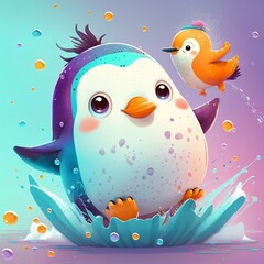 Fototapeta na wymiar Cute little penguin vivid color background. Cartoon style bird illustration, generative AI