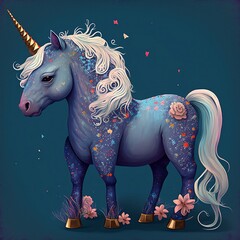 Cute little unicorn vivid color background. Cartoon style magic creature illustration, generative AI