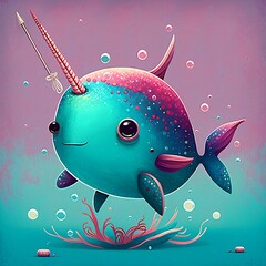 Cute little narwhal vivid color background. Cartoon style marine animal illustration, generative AI - obrazy, fototapety, plakaty