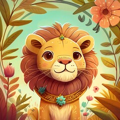 Cute little lion vivid color background. Cartoon style wild animal illustration, generative AI