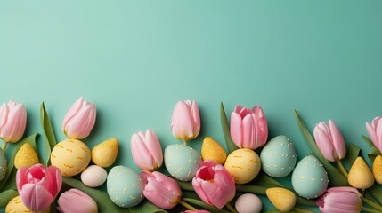 Fototapeta na wymiar Top View of Happy Easter celebration background with tulips and decorative eggs in various colors