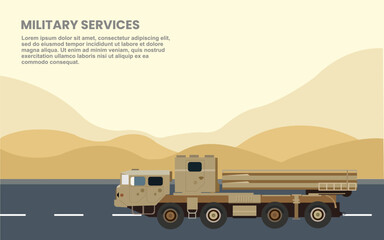 Military's services isolated on highway in the desert and mountains nature background. vector illustration