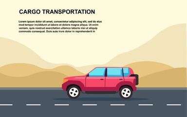 Fototapeta na wymiar Red travel car isolated on highway in the desert and mountains nature background. vector illustration.