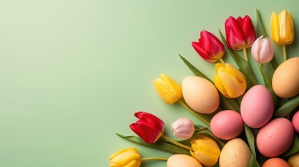 Happy easter holiday card background with tulips and decorative eggs in various colors