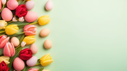Obraz premium Happy easter holiday celebration background with tulips and decorative eggs in various colors