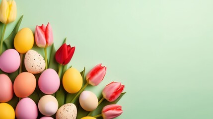 Fototapeta na wymiar Happy Easter with tulips and decorative eggs