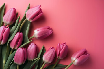 Fototapeta premium beautiful bouquet of spring tulip flowers on a pink background. Generative ai