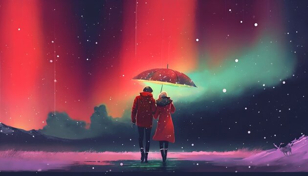 Couple in red coat under an umbrella walking on snow looking at northern light in the sky, digital art style, illustration painting, Generative AI