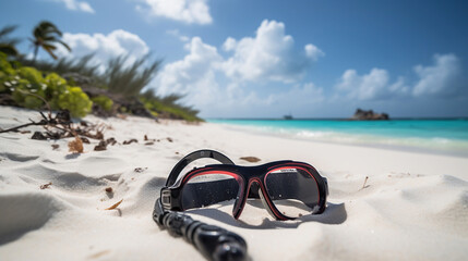 Diving goggles and snorkel gear on white sand near beach